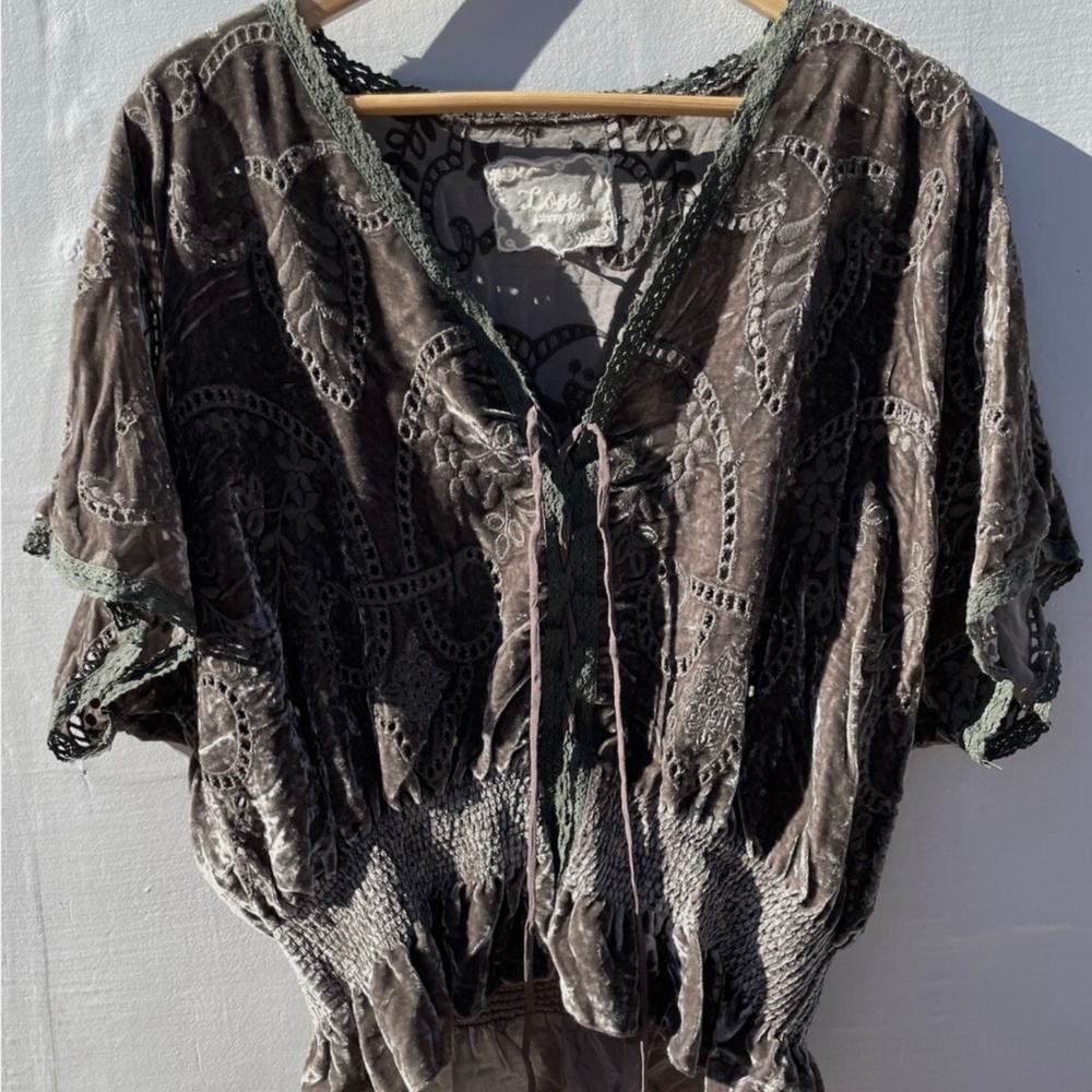 Love Johnny Was Silk Blend Velvet Eyelet Lace Ruched Boho Top M